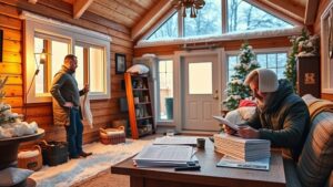 A cozy Quebec house in heavy snow, a contractor in a bright, insulated living room measuring wall insulation with a tape measure. A homeowner reviews a stack of quotes on a table, all bathed in warm interior light contrasting with the cold exterior.