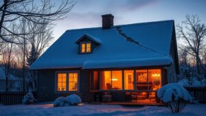 A snow‑covered Quebec cottage at dusk, its frosted windows glowing warm inside while a dramatic, cracked attic roof reveals sagging, compressed insulation; a subtle, icy blue overlay contrasts the cozy amber glow of the living room below, hinting at the urgent need for replacement.