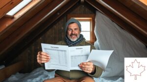 A Quebec homeowner in a drafty attic, holding two price estimates, with a split view of a poorly insulated wall on one side and a thick, well‑insulated wall on the other, snow falling outside the window and a subtle maple leaf motif in the corner.