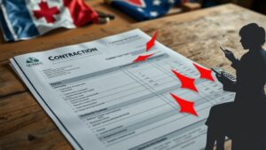 A dramatic close‑up of a contractor’s detailed quote sheet spread on a wooden workbench, with bold red arrows pointing to hidden cost items, a Quebec flag fluttering in the background, and a homeowner’s shocked silhouette holding a calculator.