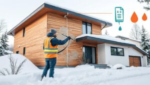 A modern Quebec home in a snowy landscape, a professional insulation specialist in a bright reflective vest applying foam insulation to exposed walls, with subtle visual cues of energy bill icons and moisture droplets highlighting the importance of proper insulation.
