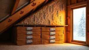 A cross‑section of a Canadian attic, revealing neatly stacked insulation panels labeled with R‑values, framed by a maple leaf‑embossed roof and a frosted window view outside. The scene is illuminated by warm light, highlighting the contrast between the cozy interior and the snowy winter environment.
