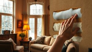 A cozy Quebec living room bathed in warm light, a cut‑out of an exterior wall revealing layers of insulation, a hand touching the cold surface. Outside, snowflakes drift against a frosted window, contrasting the inviting warmth inside.