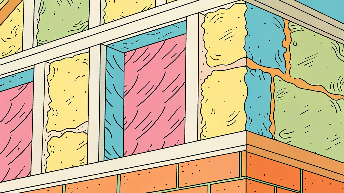 Cutaway view of a wall cavity illustrating different types of insulation materials: fiberglass batts, blown-in cellulose, spray foam, and rigid foam.