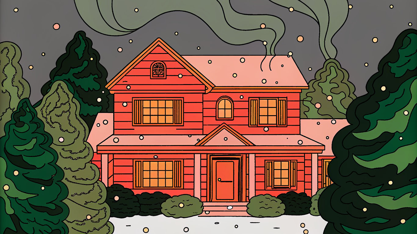 Illustration of a house in a snowy Quebec landscape with heat escaping from its walls, symbolizing energy loss.