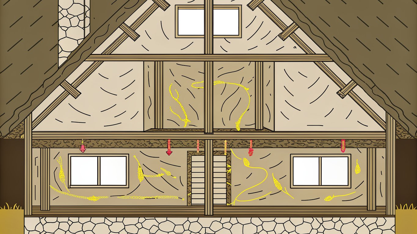 Illustration of warm air escaping through attic leaks, demonstrating the chimney effect