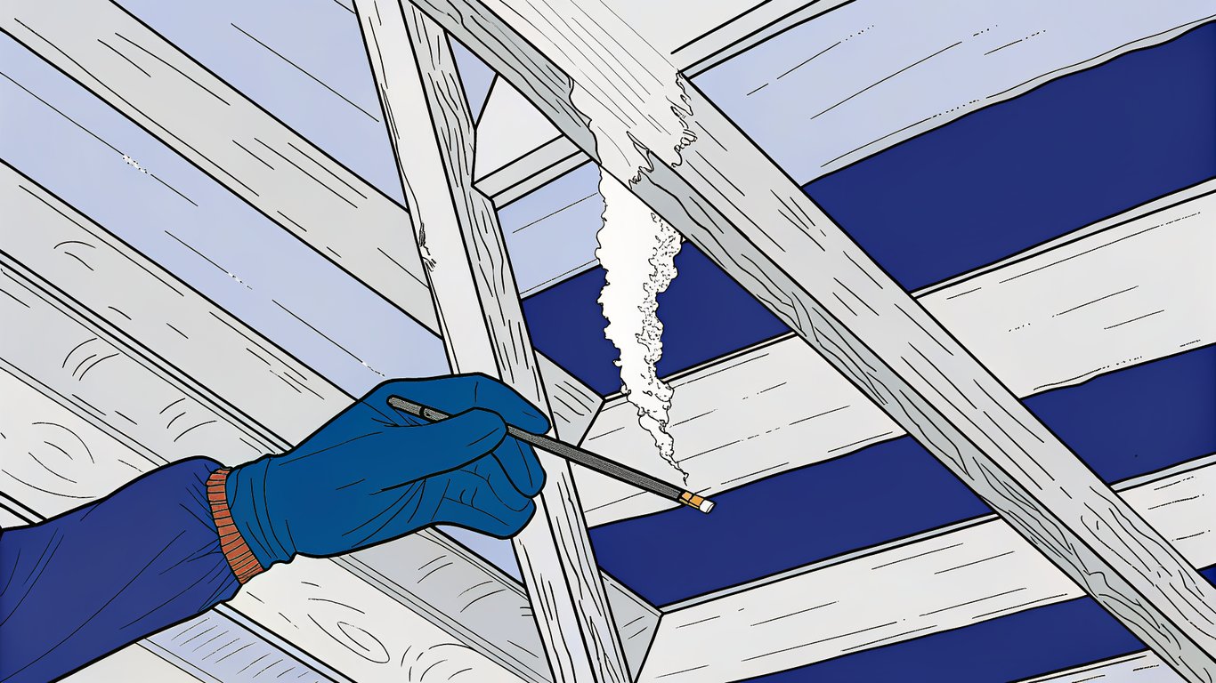 Person performing a smoke test with an incense stick to detect an air leak in an attic