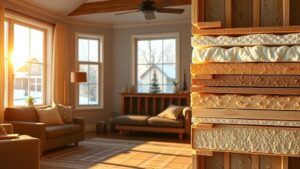 A cozy Quebec living room bathed in warm, inviting light, with a large window revealing a snowy street outside. A close‑up of dense‑pack insulation layers inside a wall, compact panels filling voids, illustrating a modern, efficient solution.