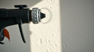 Close‑up of a spray gun dispensing soft, spongy open‑cell foam onto a wall, revealing tiny air pockets and a subtle maple leaf motif in the background, evoking the texture of a kitchen sponge against a Quebec home in winter light.