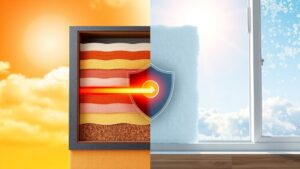 Cross‑section of a modern wall showing layered foam insulation with a glowing heat arrow flowing through, a subtle shield icon overlaying the wall to symbolize thermal resistance, rendered in warm and cool tones to highlight the contrast; the background features a bright sunny sky on one side and a frosty window pane on the other to emphasize temperature extremes.