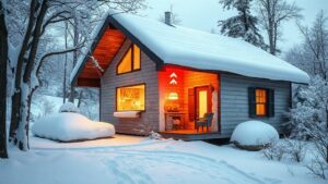 A snowy Quebec cottage in winter, its walls sliced open to reveal translucent layers of insulation with glowing warm interior and frosty exterior, while subtle heat‑flow arrows illustrate thermal resistance, all bathed in soft, inviting light.