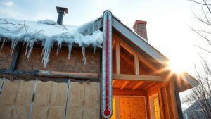 A dramatic cross‑section of a Quebec home showing worn insulation panels, with icy cracks on the roof and a bright sunlit interior, framed by a towering thermometer indicating -30°C to +30°C.