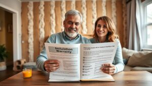 A homeowner in a warmly lit Quebec living room, holding a thick insulation warranty booklet open on a wooden table while a freshly insulated wall with visible layers of insulation stands behind them, evoking trust and attention to detail.