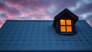 A dramatic Quebec farmhouse roof at dusk, half of the attic space covered with thick insulation panels, the other half exposed with open vents, snowflakes swirling around while a subtle mist of condensation forms on the insulation, illustrating the
