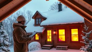 A cozy Quebec cottage in winter, with a professional inspector in the attic wearing a hard hat and clipboard, while a warm glowing thermal map highlights heat loss areas against a snowy roof.