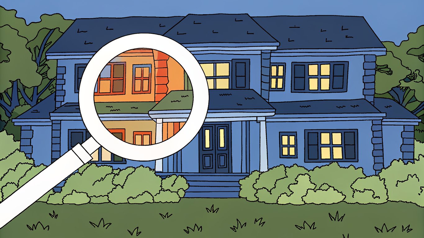 Illustration of a house undergoing a 'health checkup' with a magnifying glass highlighting areas of heat loss.