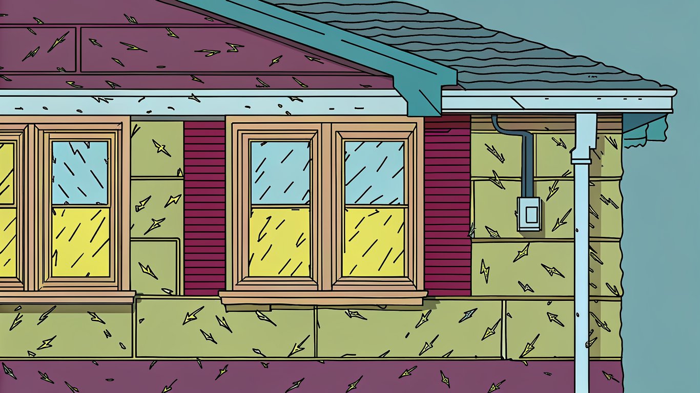 Diagram showing air leaks around a window and electrical outlet, and thermal bridging through a wall stud.