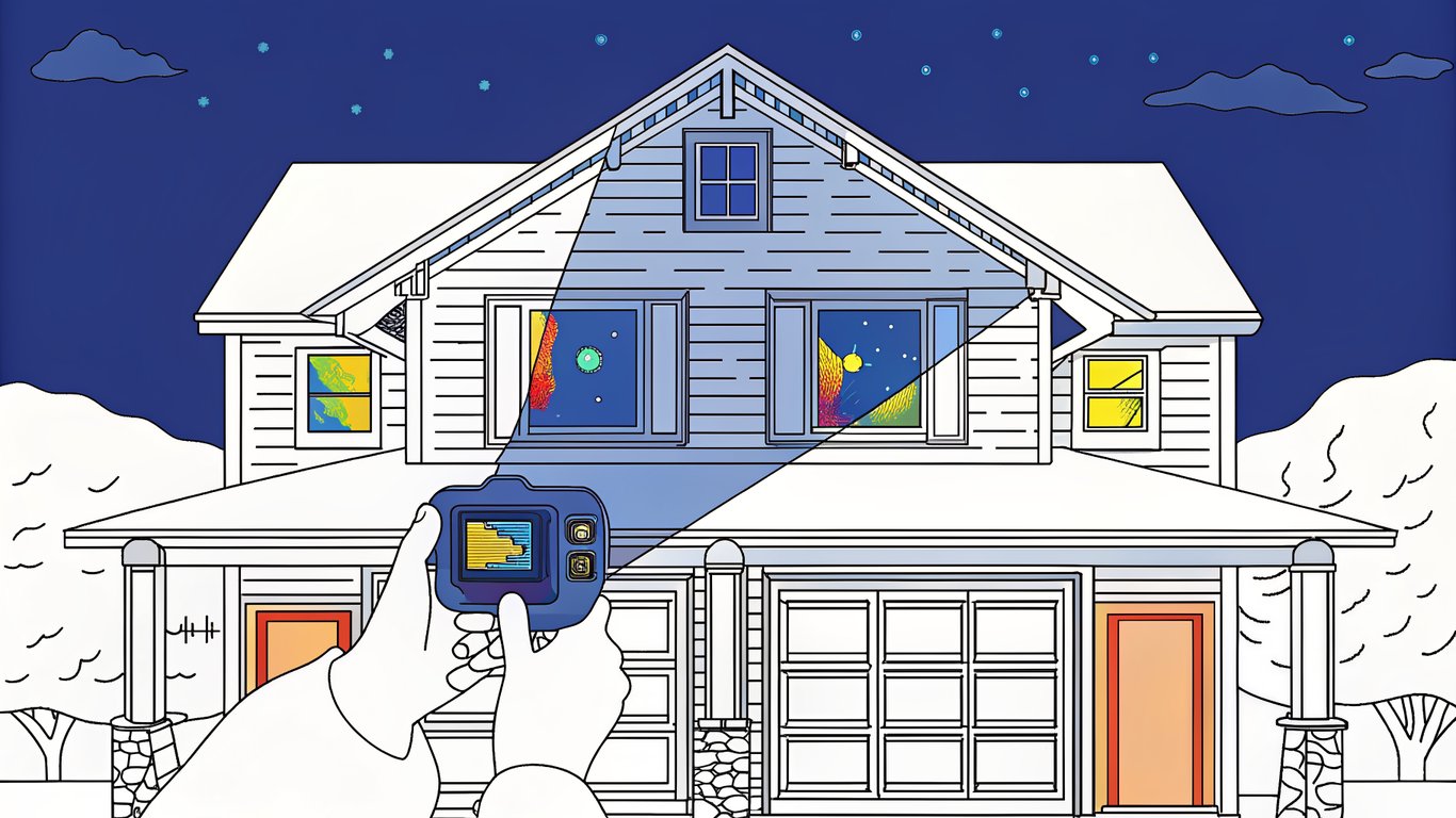Thermal imaging camera scanning a house wall, showing heat escaping through poorly insulated sections.