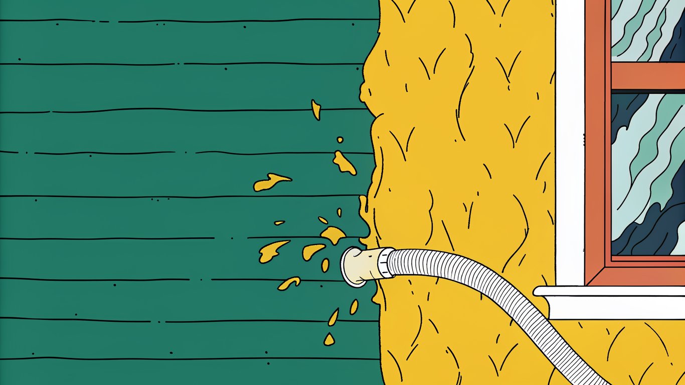 Illustration of dense-pack insulation installation, showing a hose blowing material into a wall cavity through a small drilled hole.