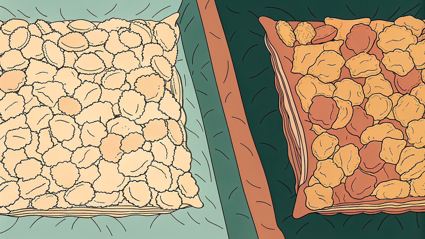 Illustration comparing a loosely filled pillow to a tightly packed pillow, representing standard vs. dense-pack insulation.