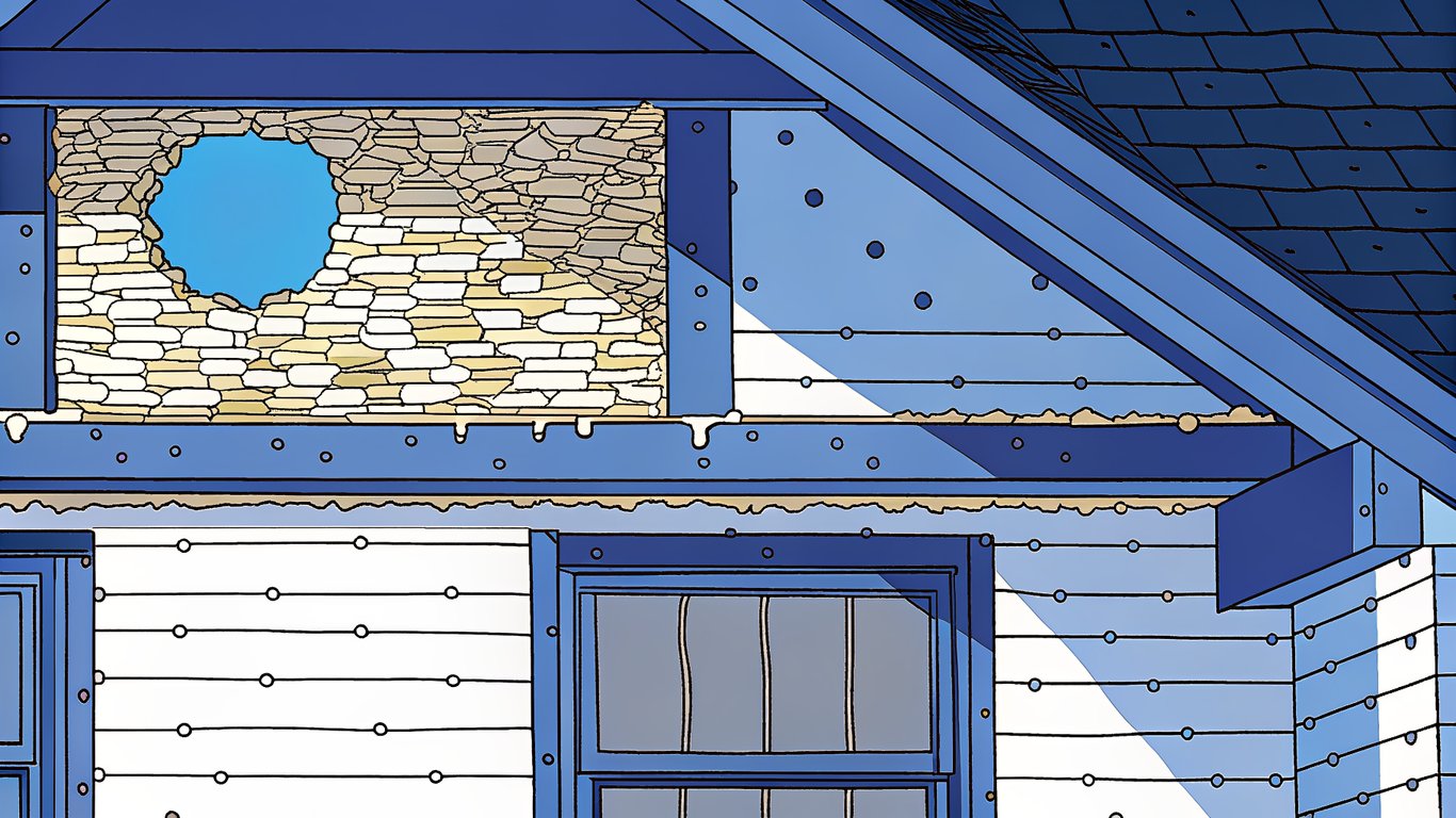 Illustration of an existing wall cavity being retrofitted with dense-pack insulation, showing a patched access hole.