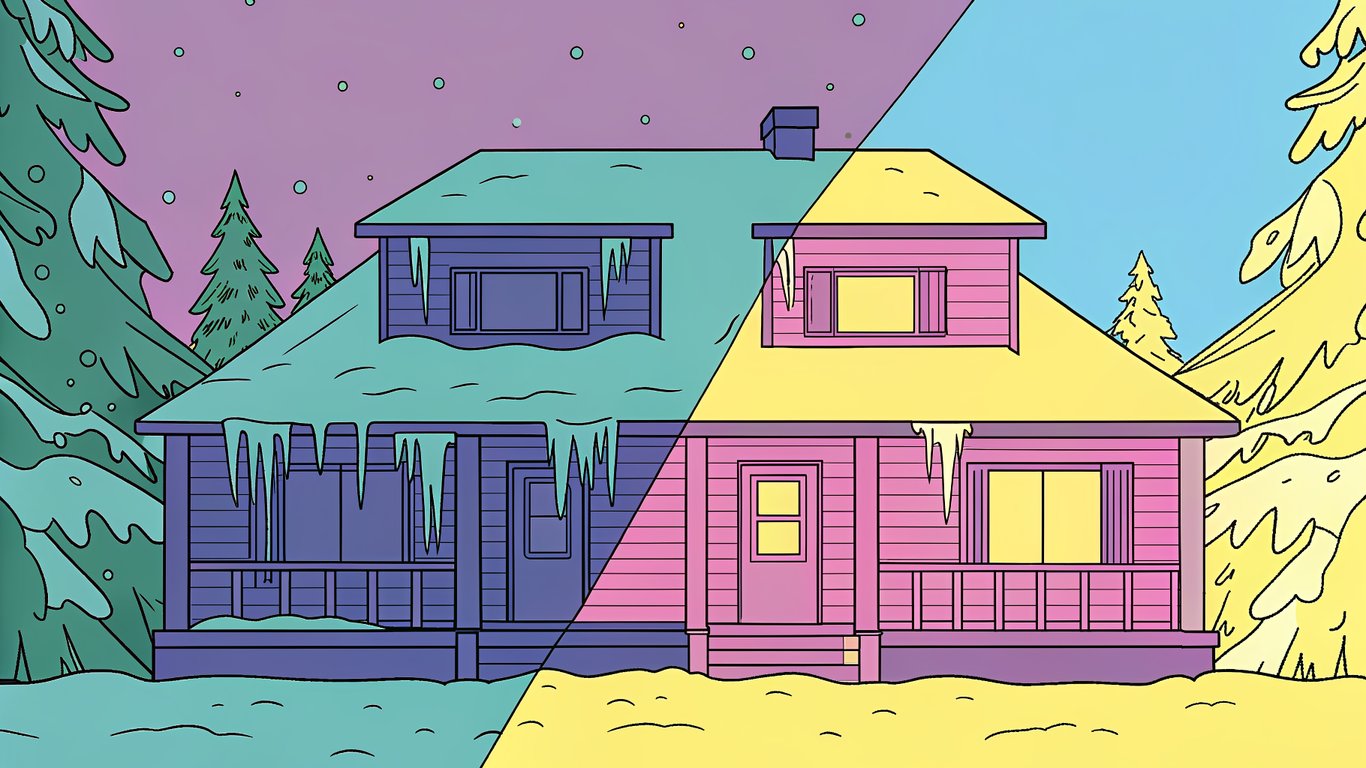 Illustration of a Quebec home with ice dams on one side and a well-insulated roof on the other, depicting the effects of poor insulation.