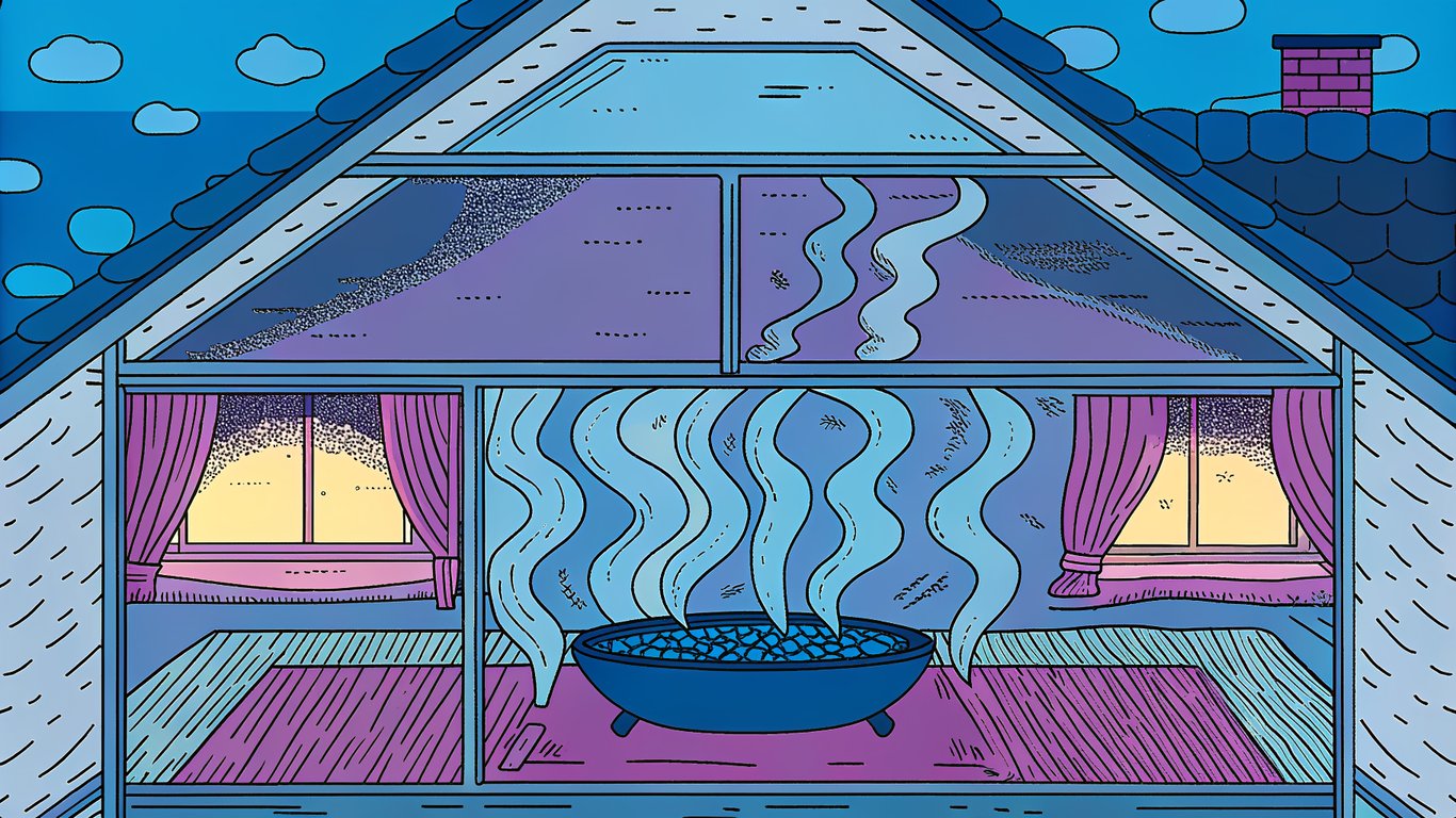 Diagram showing conduction through a wall, convection as air currents, and radiation as waves, explaining heat transfer.