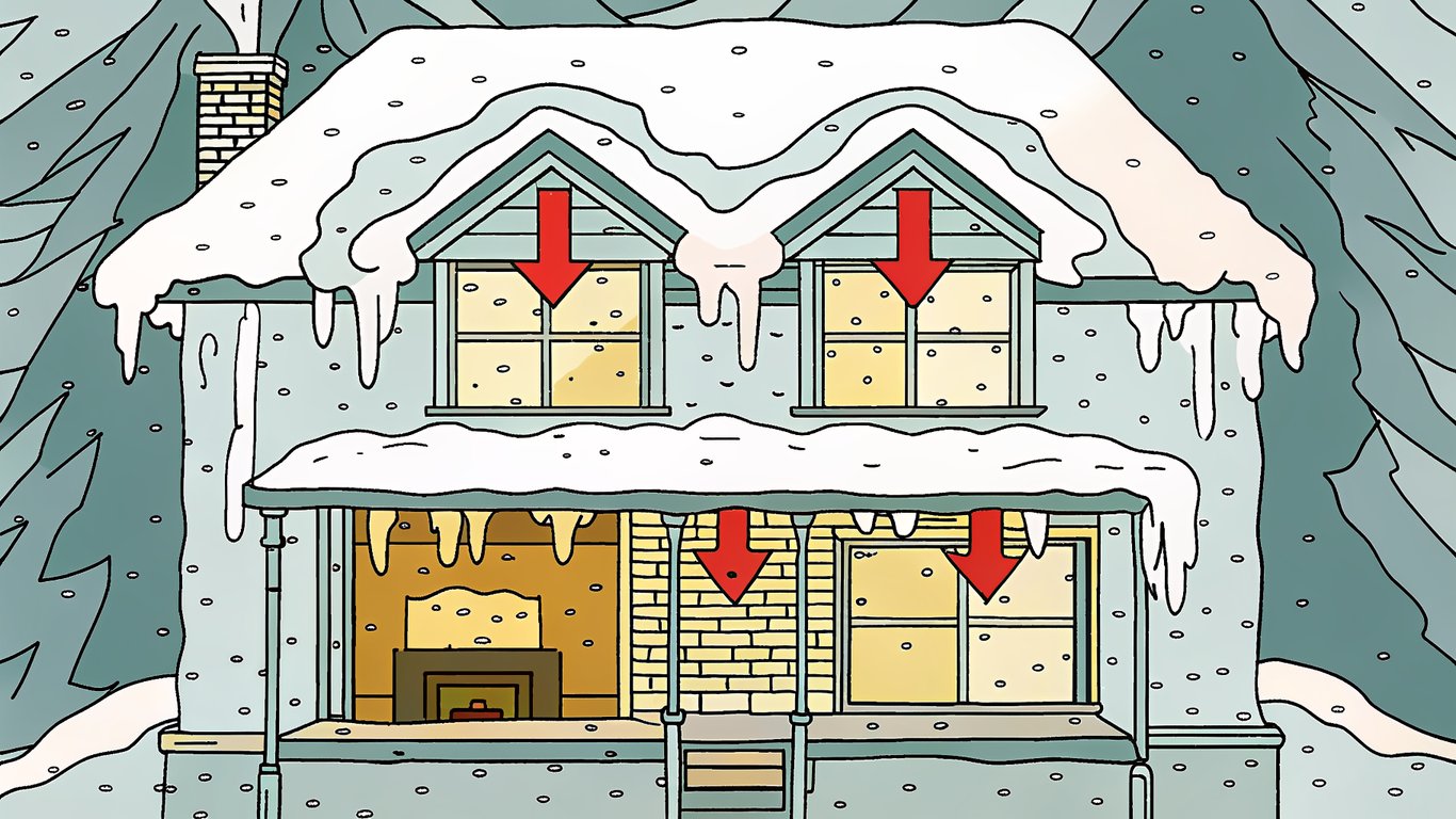 Heat escaping from a house in winter, depicted by red arrows flowing from the warm interior to the cold exterior.