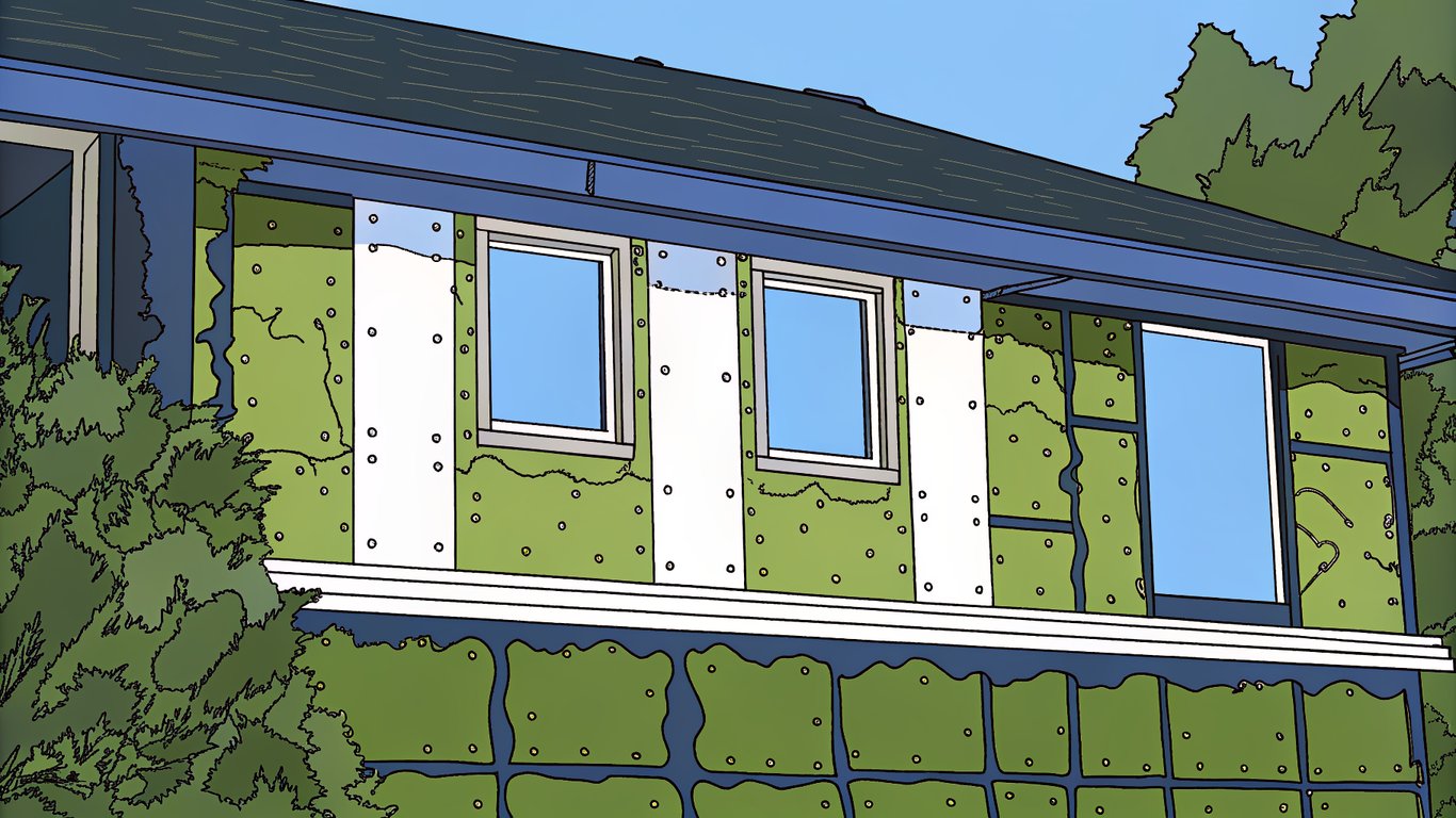 Cross-section of a wall revealing insulation problems: compressed areas, gaps allowing air leaks, and a section affected by moisture.