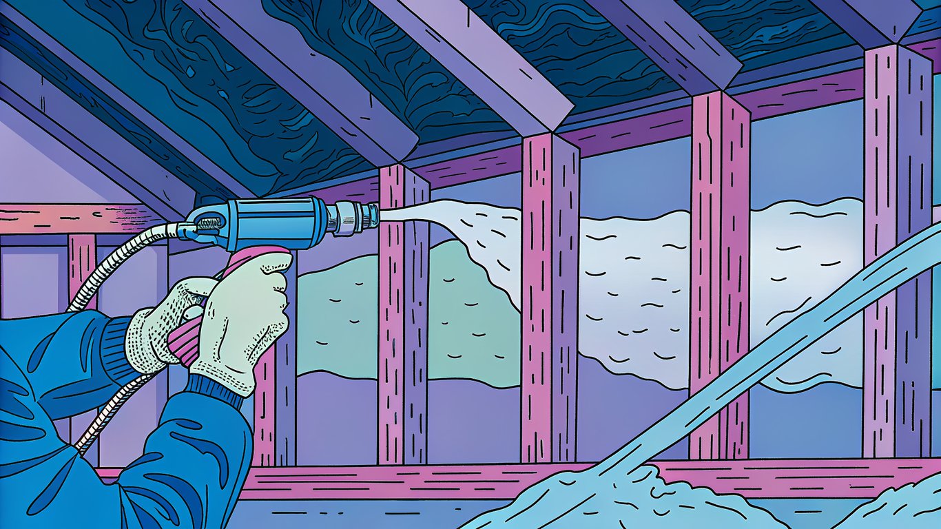 Professional installer spraying open-cell spray foam into a wall cavity, showing the foam expanding to fill the space.