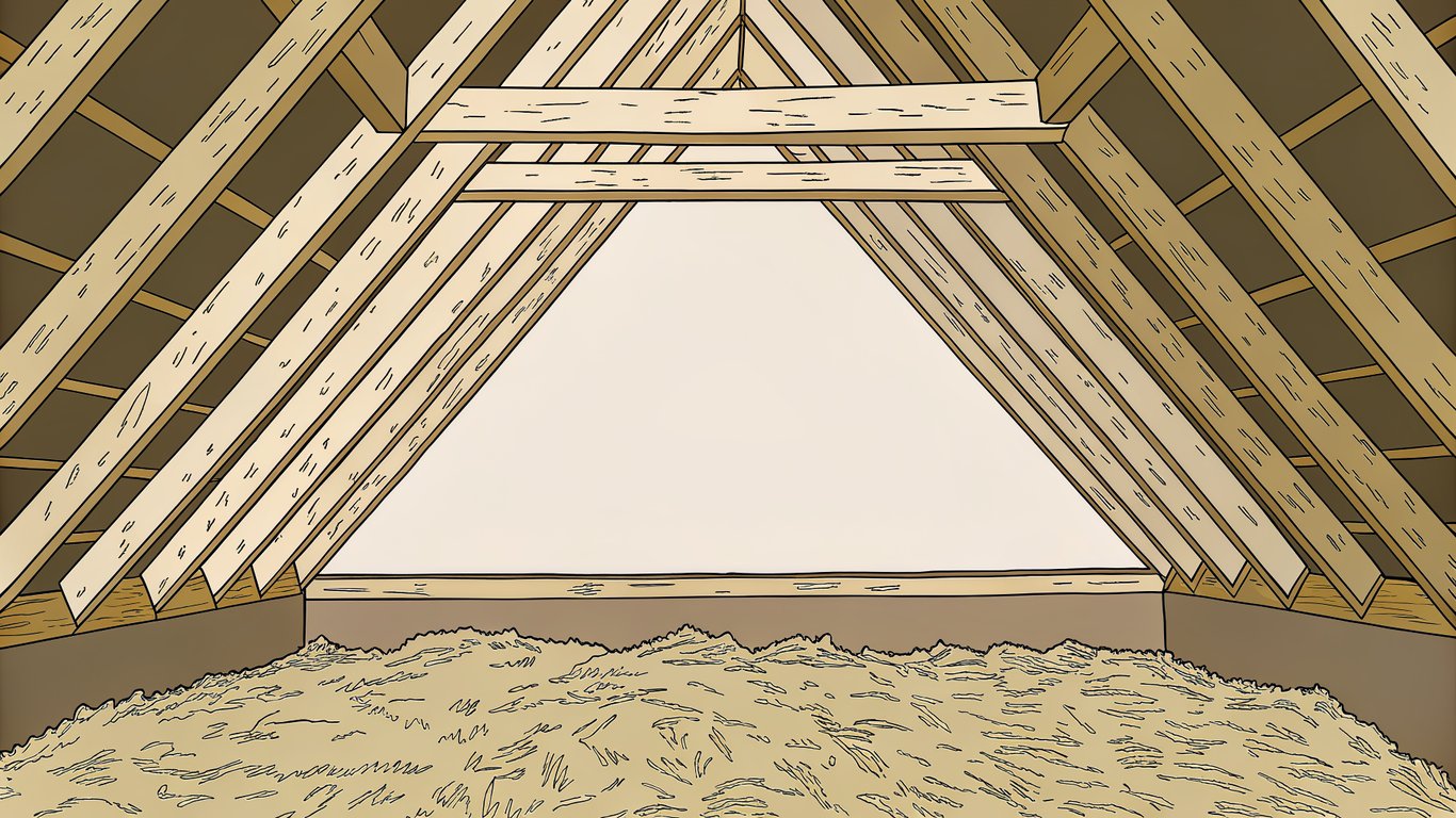 Illustration of compressed and sagging fiberglass insulation in an attic, showing its reduced thickness and gaps.