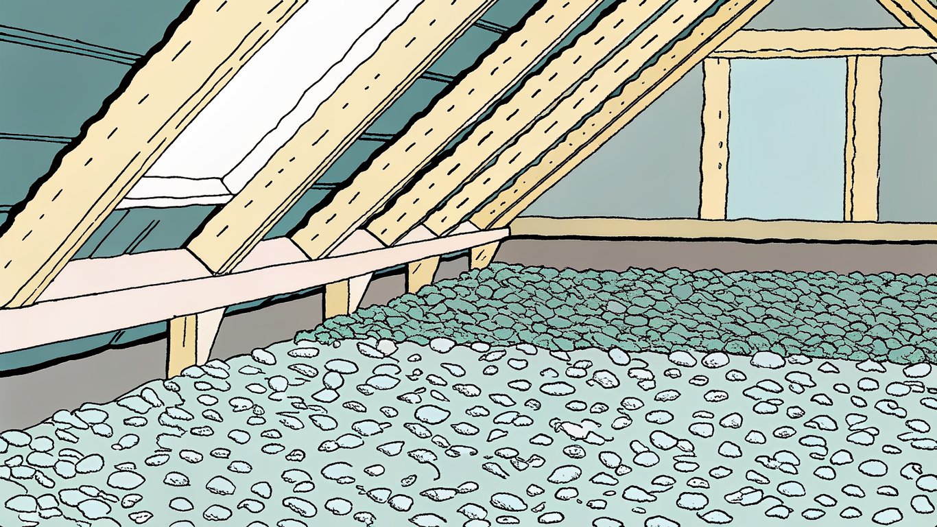 Close-up illustration of vermiculite insulation, appearing as small, shiny, pebble-like granules.