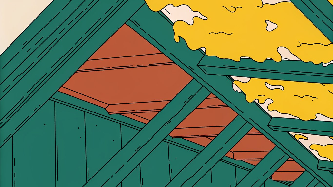 Illustration of water-stained fiberglass insulation and wooden attic joists.