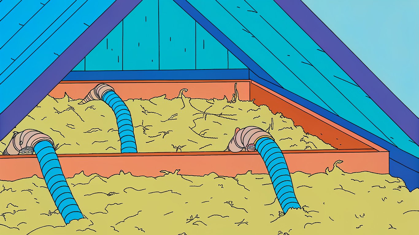 Illustration of rodent droppings, nesting materials, and tunnels in attic insulation.