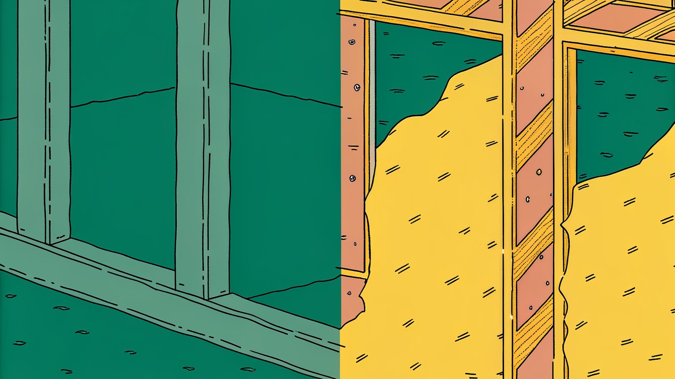 A split image showing a material defect on one side (e.g., delaminating spray foam) and an installation defect on the other (e.g., gaps in insulation batts).