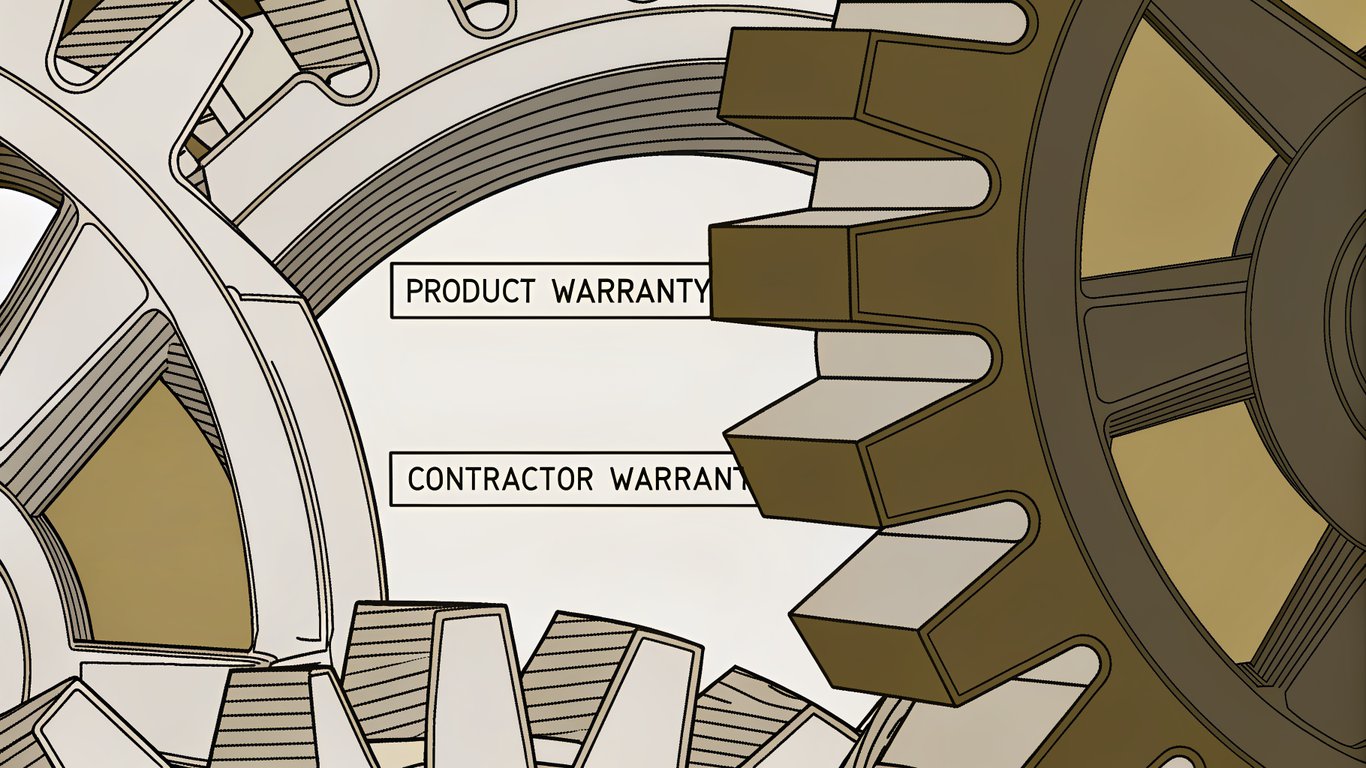 Two interlocking gears, one labeled 'Product Warranty' and the other 'Contractor Warranty,' symbolizing their distinct yet interconnected nature.