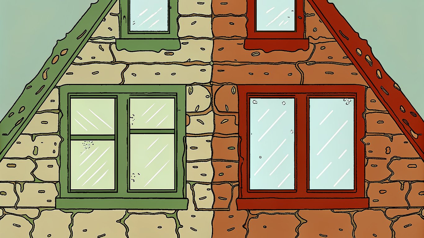 Illustration of a house wall cross-section showing insulation stressed by extreme temperature differences and moisture.